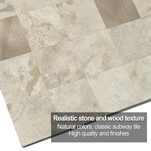 Yipscazo 10 Sheet Peel and Stick Backsplash Mosaic Tiles Stainless Steel Metal Kitchen Backsplash Stick on Tiles for Stove, Bathroom, Laundry in Ecru Stone (11.8'' x 11.8'') - color: Stone Beige