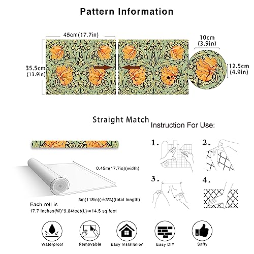 HAOKHOME William Morris Style Peel and Stick Wallpaper Art Deco Wall Paper - color: Green/Yellow/Black, size: S: 17.3in x 9.8ft