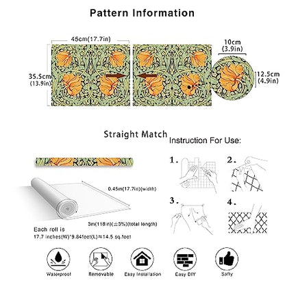 HAOKHOME William Morris Style Peel and Stick Wallpaper Art Deco Wall Paper - color: Green/Yellow/Black, size: S: 17.3in x 9.8ft