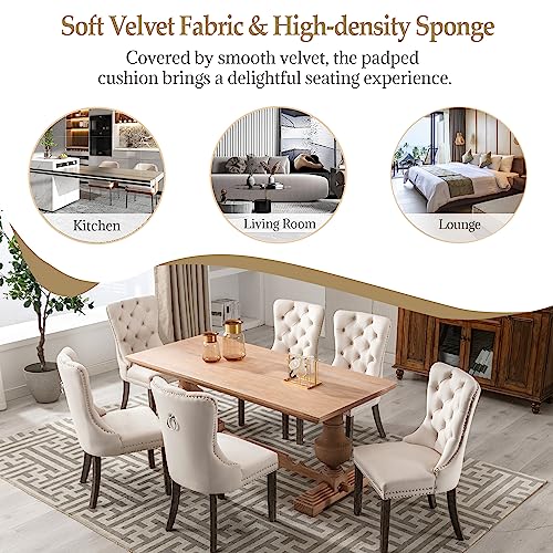 Beige Velvet Dining Chairs Set of 2, Elegant Tufted & Nailhead, Wood Legs - color: Beige, Wood Leg, size: set of 2
