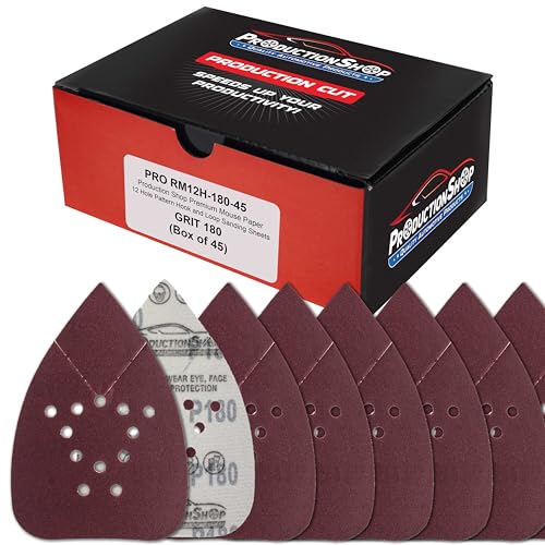 ProductionShop Premium 180 Grit 12-Hole Pattern Mouse Detail Sander Sandpaper Sheets, Box of 45 - Dustless Hook & Loop Triangle Shaped Mouse Disc Pads - Fits Black & Decker Woodworking Wood Furniture - style: 180 Grit