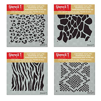 Animal Print 4 Pack Stencil Set - Contains: Zebra Stripes, Leopard Spots, Giraffe, Snakeskin. Each Stencil Measures 5.75” x 6” and is Laser Cut Mylar Designed by Stencil1 - color: Animal Print 4 Pack Stencil Set