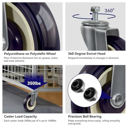 5" Casters Replacement Shopping Cart Wheels, Polyurethane 3/8'' Bore Casters Set of 4 Wheels for Cart Loading Capacity 1400lbs Total - style: 5 inch Navy