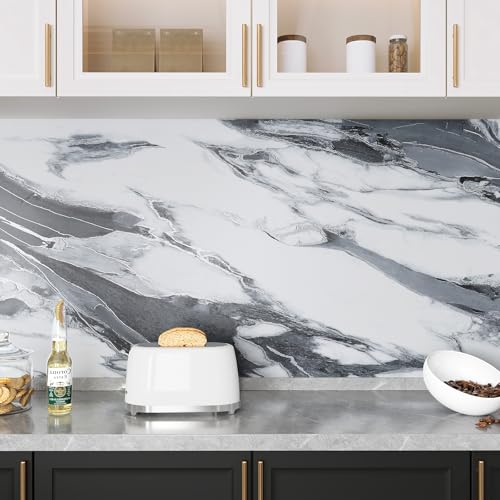 VEELIKE Modern Black and White Liquid Marble Contact Paper for Countertops Waterproof Kitchen Countertop Peel and Stick Marble Wallpaper 15.7''x118'' Adhesive Granite Contact Paper for Bathroom Table - size: 15.7" x 118"