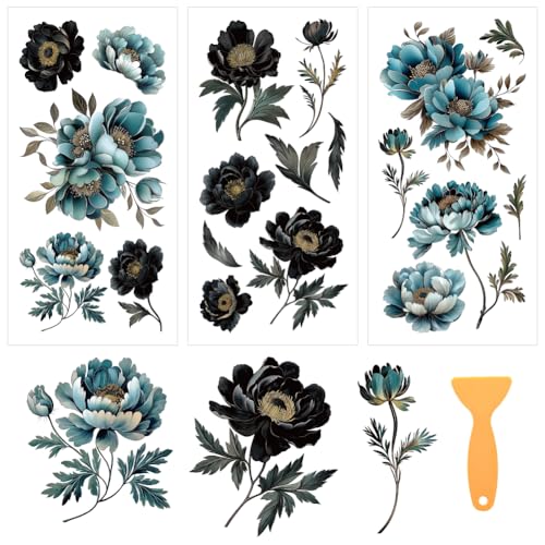 3 Sheets Vintage Cold Peony Rub on Transfers for Crafts, 12×6in - style: Blue and Black Peony