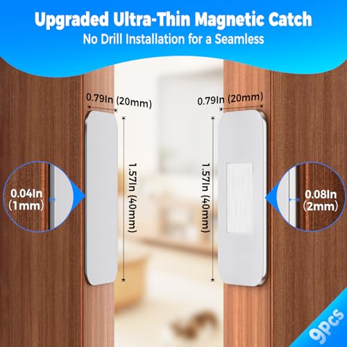PHIXBEAR 9 Pairs Ultra-Thin Magnetic Cabinet Door Catch, No-Drill Adhesive Cabinet Magnets, Rust-Proof Stainless Steel Latches for Kitchen Cabinet Doors, Drawer, Closet, RV - Heavy Duty Silent Closure