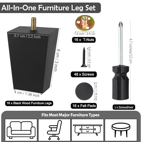 TURSTIN 16 PCS 3 Inch Wood Furniture Legs, Couch Legs Replacement, Black - color: Black, size: 3 Inch