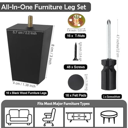TURSTIN 16 PCS 3 Inch Wood Furniture Legs, Couch Legs Replacement, Black - color: Black, size: 3 Inch