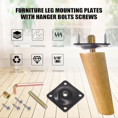 Glarks 8 Sets Black Furniture Leg Mounting Plates Set, 8Pcs 12 Degree Leg Attachment Plates with 8pcs 50mm Hanger Bolts, 32pcs Screws, 8 Pcs M8 Insert Nut for Furniture Sofa Couches Seats (12 Degree)