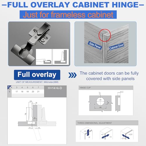 8 Pack Soft Close Cabinet Hinges for Kitchen Frameless Full Overlay Cabinets Self-Closing Concealed Hinge 110° 4D Adjustment Speed Control Ideal for Upgrading Cabinet Doors and Drawers - size: Full Overlay