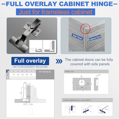 8 Pack Soft Close Cabinet Hinges for Kitchen Frameless Full Overlay Cabinets Self-Closing Concealed Hinge 110° 4D Adjustment Speed Control Ideal for Upgrading Cabinet Doors and Drawers - size: Full Overlay