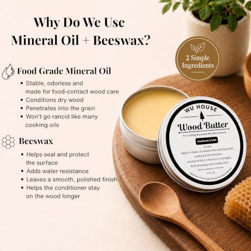 Wood Butter Cutting Board Wax, Food Grade Mineral Oil and Beeswax Conditioner for Butcher Blocks, Wooden Utensils and Serving Boards, Handmade in USA (4 FL OZ) - size: 4 Fl Oz
