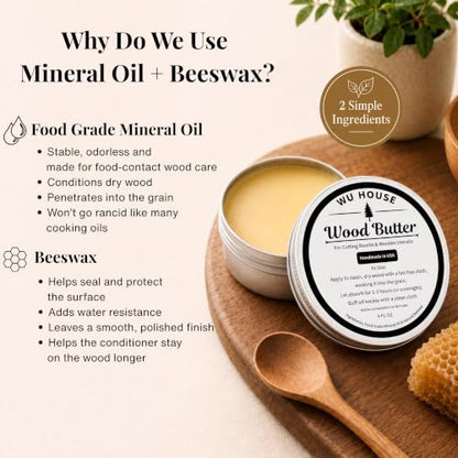 Wood Butter Cutting Board Wax, Food Grade Mineral Oil and Beeswax Conditioner for Butcher Blocks, Wooden Utensils and Serving Boards, Handmade in USA (4 FL OZ) - size: 4 Fl Oz