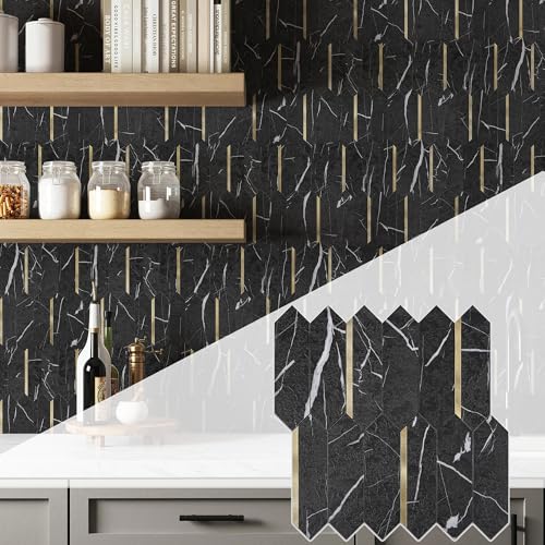 KASARO Peel and Stick Backsplash Long Hexagon Wall Tile, 10-Pieces, Black - color: Black