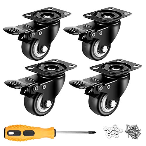 2 inch Casters Set of 4 with Brake, Polyurethane (PU) and Floor Protection, Noise-Free 360 Degree Swivel Wheels, Load Capacity-800lbs, Set of 4 (Includes Complete Screws Sets with Accessories) - size: 2 inch V-Black