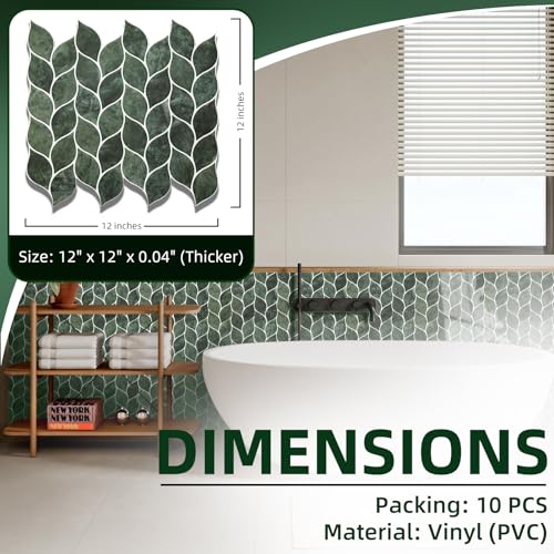 Tilingview 10 Pcs Leaf Design Peel and Stick for Kitchen Backsplash, Premium Self-Adhesive Tiles Wall Stickers (Dark Green) (Pack of 2) - color: Dark Green, size: 12"x12"x0.04" (Pack of 2)