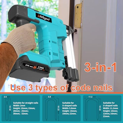 Nail Gun Cordless with Battery 21V 2 in 1 Brad Nailer and Staple Gun Dual Fire Modes Includes 2000 Fasteners Battery Charger for Carpentry DIY (One Electric Set)