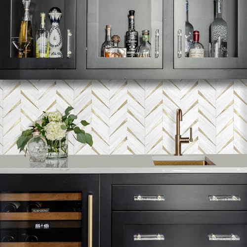 STICKGOO Herringbone Tile Peel and Stick Backsplash for Kitchen&Bathroom - color: Dolomite White Mixed Light Gold