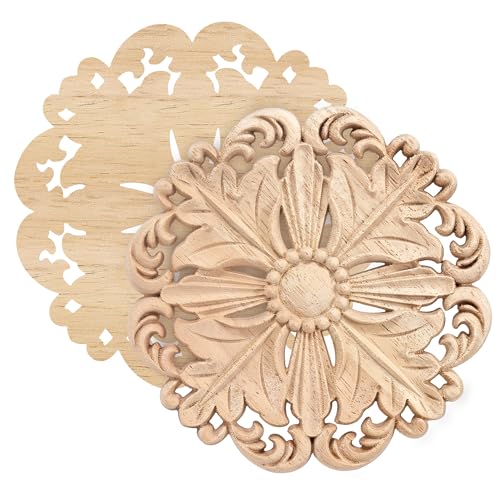 4Pcs Round Solid Wood Carved Appliques 5.1x5.1in Unpainted Furniture Onlays