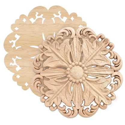 4Pcs Round Solid Wood Carved Appliques 5.1x5.1in Unpainted Furniture Onlays
