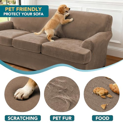 2 Pieces T Cushion Chair Covers with Arms Thick Velvet Couch Cover Stretch T Cushion Sofa Covers for Living Room Chair Cover with Individual T Cushion Covers , Washable (1 Cushion Chair, Mocha) - color: Mocha, size: Armchair (1 Cushion)