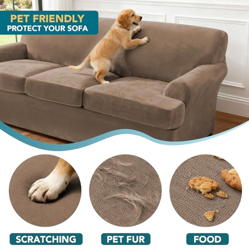 Turquoize T Cushion Sofa Slipcover 3 Piece Sofa Covers for 2 Large Cushion Couch Thick Velvet Couch Cover Stretch Furniture Covers with 2 Individual T Cushion Covers, Washable (2 Cushion Sofa, Mocha) - color: Mocha, size: Sofa (2 Cushion)