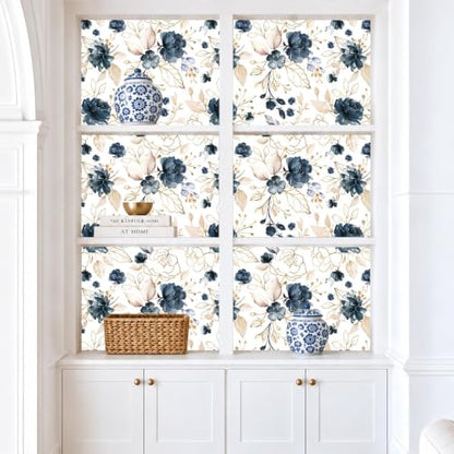 Navy Blue Floral Peel and Stick Wallpaper 17.7"x118" - color: Navy Blue/White/Gold/Beige, size: 17.7" x 118"