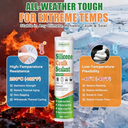 SHIELDOM Silicone Caulk White Silicone Sealant 100% Waterproof All Purpose Caulk & Seal with Caulking Tool Stronger Adhesion Shrink & Crack Proof for Kitchen, Window, Bath, Marine, Door 14oz/400ml - color: White