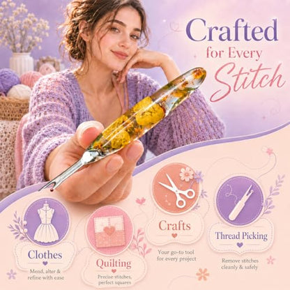 Reessy Seam Ripper for Sewing, 2PCS Small & Large Stitch Remover Tools with Floral Resin Handles, Cute Sewing Seam Rippers for Quilting, Alterations, Thread Picking, Stitch Removal & Craft Supplies - color: yellow purple