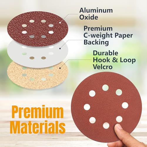 POWERTEC 40/80/120/220/320 Grit, 100 PK, 6 Inch Sanding Discs – Hook and Loop, 6-Hole Aluminum Oxide Orbital Sander Pads, Round Sandpaper for Random Orbital, Air, Pneumatic & DA Sanders (45200)