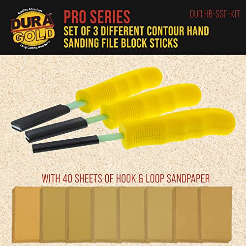 Dura-Gold Set of 3 Different Contour Hand Sanding File Block Sticks with 40 - style: Flat