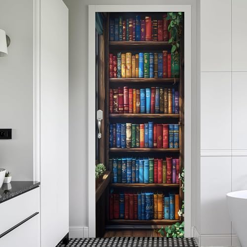 REDAMANCY Vintage Book Shelf Antique Blue/Red Peel and Stick Door Stickers Vinyl Mural Decals Decor Modern Wallpaper Self-Adhesive, Waterproof, Removable - color: Mta-32