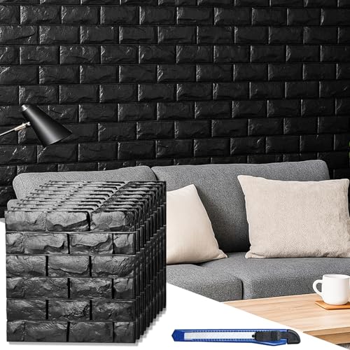 Circloophs 30 Pcs 3D Wall Panels Stick and Peel, Black Brick Printable 3D Wallpaper Stick and Peel Self Adhesive Waterproof Foam Faux Brick Paneling for Bedroom, Bathroom, Kitchen, Fireplace - color: Black