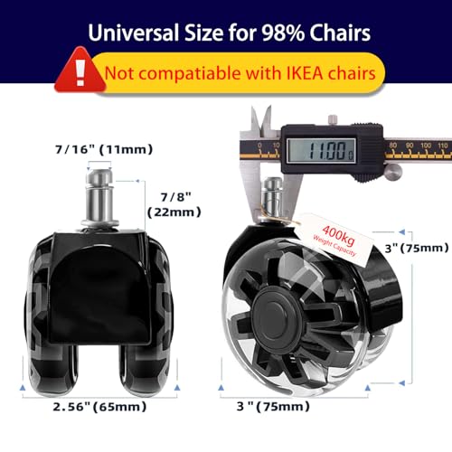 Hirate 3 inch Office Furniture Casters 7/16 inch Stem Dual Rubber Wheel - color: Black, size: 3 inch