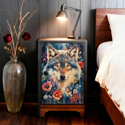Peacoblue Wolf and Flowers Rub On Transfers for Furniture Craft 6"x12" - style: Wolf and Flowers