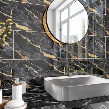 Marble Peel and Stick Backsplash 23.6 x11.8 in, 10PCS - color: Black Stone Gilding
