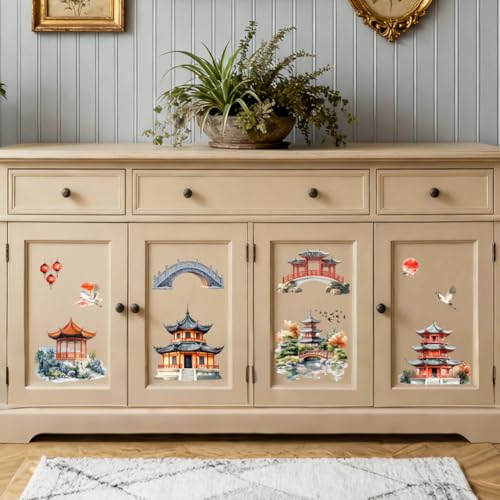 Peacoblue Chinese Courtyard Rub On Transfers for Furniture 6"x12" - style: Chinese Courtyard Architecture