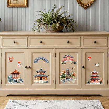 Peacoblue Chinese Courtyard Rub On Transfers for Furniture 6"x12" - style: Chinese Courtyard Architecture