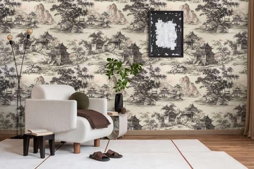 Chinoiserie Landscape Peel and Stick Wallpaper, Vintage Chinese Ink Pattern - size: 17.7" x 236"