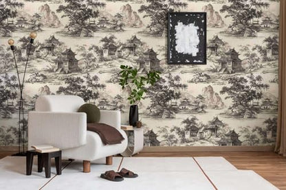 Chinoiserie Landscape Peel and Stick Wallpaper, Vintage Chinese Ink Pattern - size: 17.7" x 236"