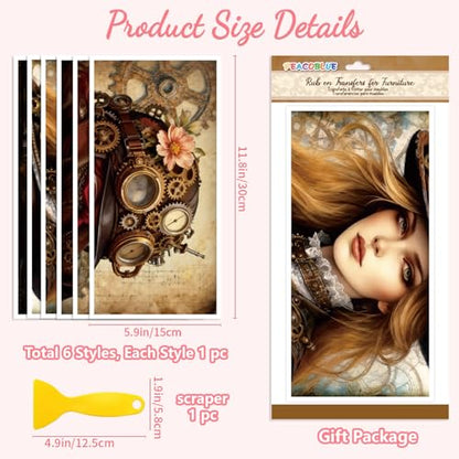 Peacoblue Steampunk Girl Rub On Transfers for Furniture Craft 6"x12" - style: Steampunk Girl