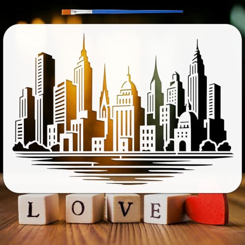 FINGERINSPIRE The City Skyline Painting Stencil with Paint Brush 8.3x11.7inch Reusable Building Pattern Drawing Template Plastic PET Construction Lake Stencil Architecture Theme Template for Decor - style: The City Skyline
