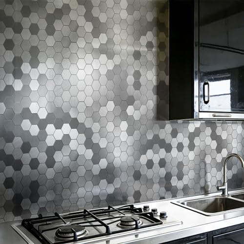 Art3d 10-Pack Metal Peel and Stick Backsplash Tile, Silver Hexagon - color: Silver Hexagon