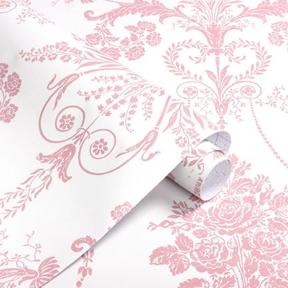Damask Floral Peel and Stick Wallpaper Boho Pink and White Contact Paper - color: Pink, size: 17.3" x 118"