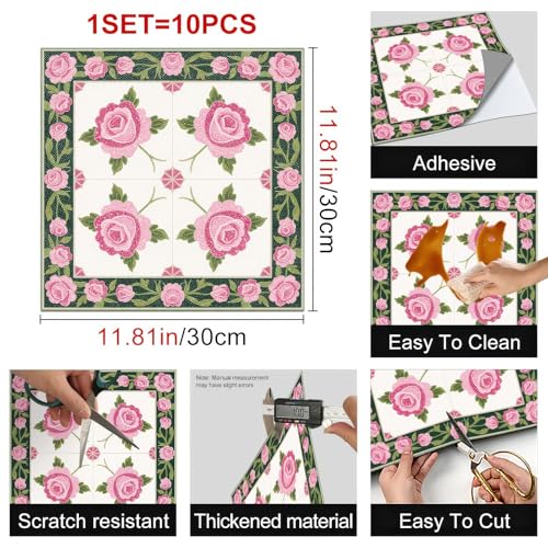 HOMETITUTE Pink Rose Green Border Peel Stick Floor Tile 12x12 Vinyl - color: Pink#1