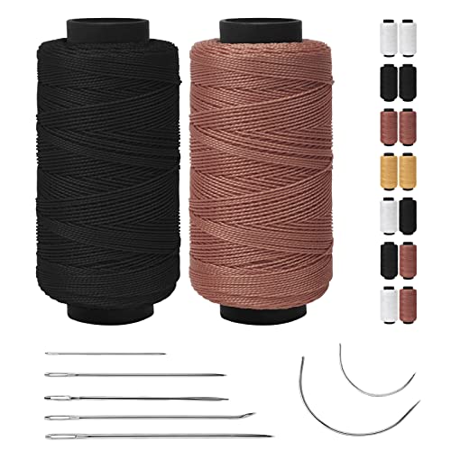JeogYong Sewing Thread Kit, 2 Pack Polyester Thread with Leather Needles for Hand Sewing, Heavy Duty Thread, Upholstery Weave Thread for Leather Canvas Repair and Sewing (Black, Brown) - color: Black, Brown, size: 0.8mm x 400yd
