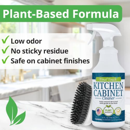 Kitchen Cabinet Cleaner and Degreaser - Plant Based Grease Remover for Wood, Painted and White Cabinets - Cleans, Restores, Protects Finishes, Streak Free, 32oz with Scrub Brush by Final Touch