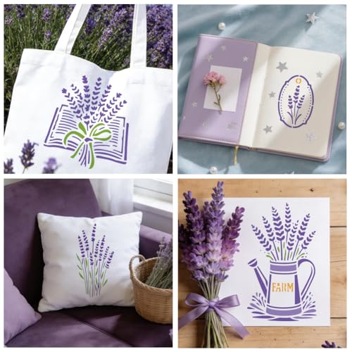 12 Sheets Lavender Stencil for Painting, Vase Bicycle Water Bottle Book Flower Silhouette Drawing Stencil Reusable Plastic Wall Stencils Template for Painting on Wall Wood Home Decor - style: Lavender