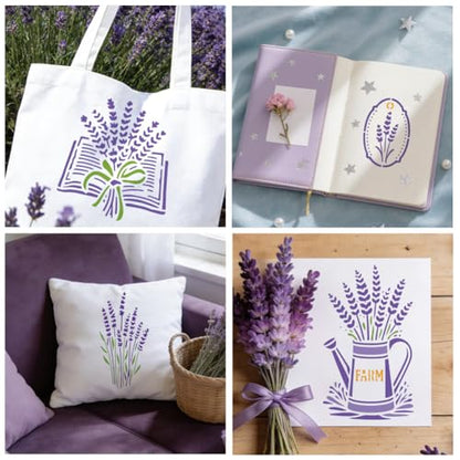 12 Sheets Lavender Stencil for Painting, Vase Bicycle Water Bottle Book Flower Silhouette Drawing Stencil Reusable Plastic Wall Stencils Template for Painting on Wall Wood Home Decor - style: Lavender