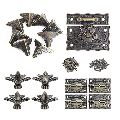 Uenhoy Jewelry Box Hardware Set, Antique Brass Hinge Latch Kit, 17 Pcs